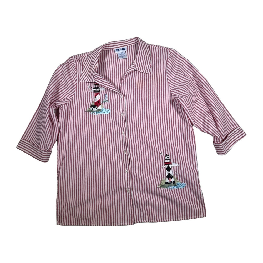 BLAIR Women's Red White Stripe Lighthouse Embroidery Button‎ Up Shirt Medium
